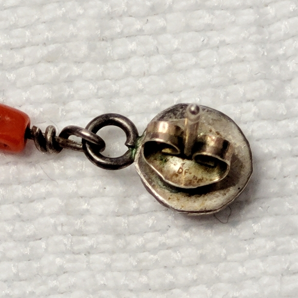 Sterling Silver FEATHER Dangle Earrings w/ orange coral? bead marked DF 925 - Picture 7 of 9